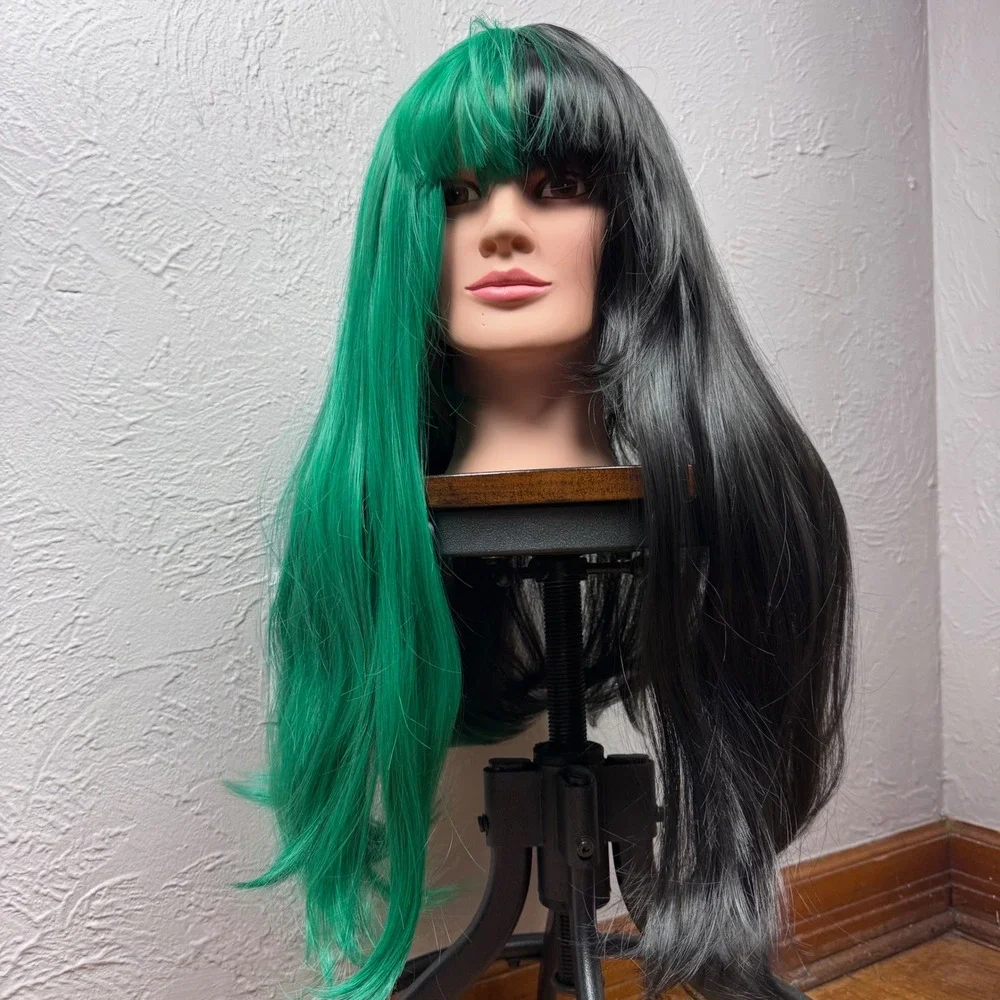 Split Dye Half Green Half Black Long Straight Wig with Bangs 27
